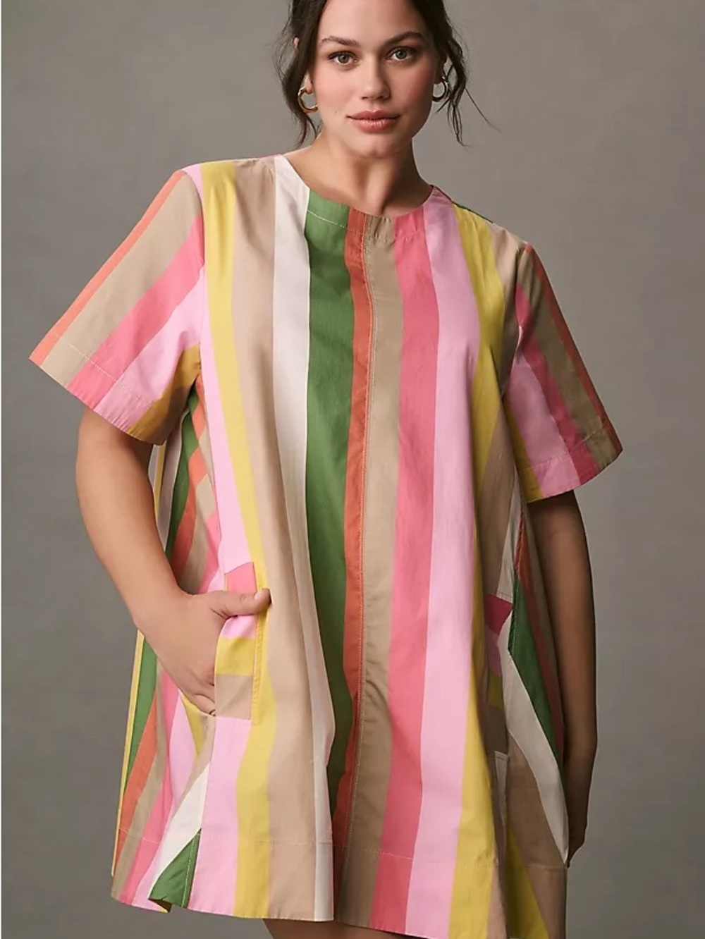 Anthropologie Maeve Mini Dress Rainbow Striped Short Sleeve Emmy Swing L Petite